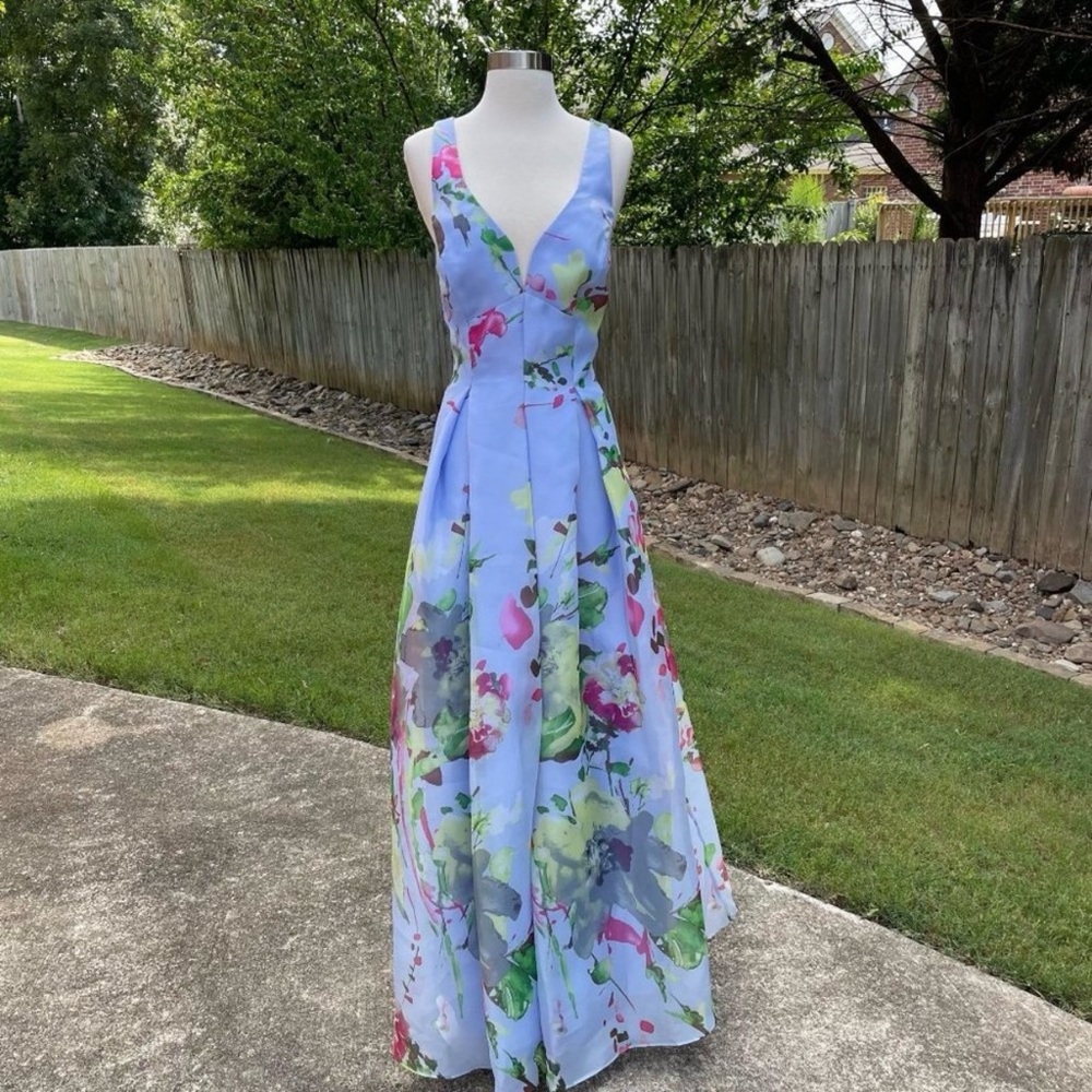 MARINA Floral Cross Back Formal Long Floor Length A-Line Ball Gown Dress